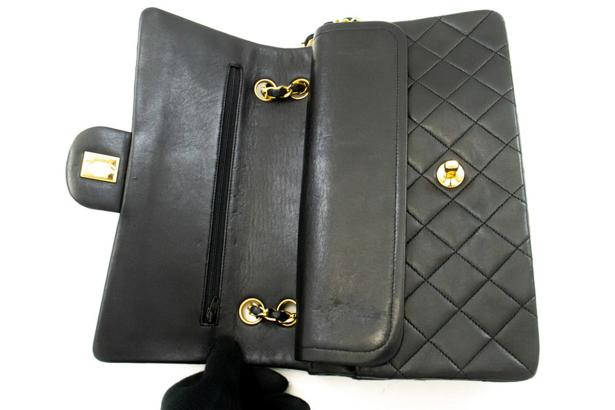 CHANEL Classic Double Flap 10" Chain Shoulder Bag Zwarte lamsvacht ao6 hannari-shop