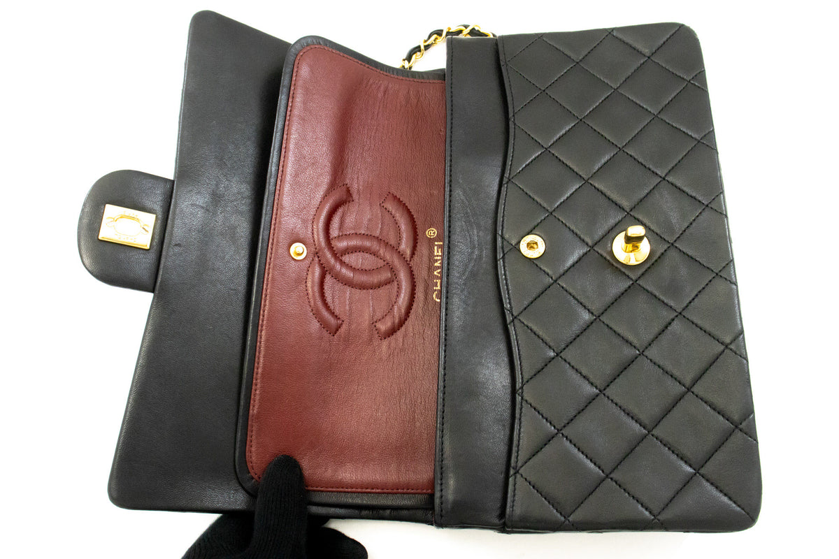 CHANEL Classic Double Flap 10" Chain Shoulder Bag Zwarte lamsvacht ao6 hannari-shop