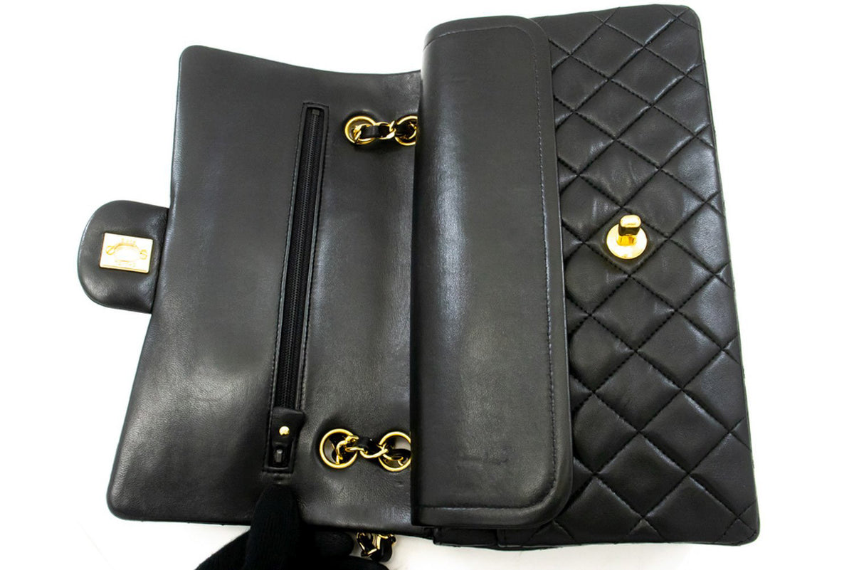 CHANEL Classic Double Flap 10" Chain Schoudertas Zwart Lamsleer ap6 hannari-shop