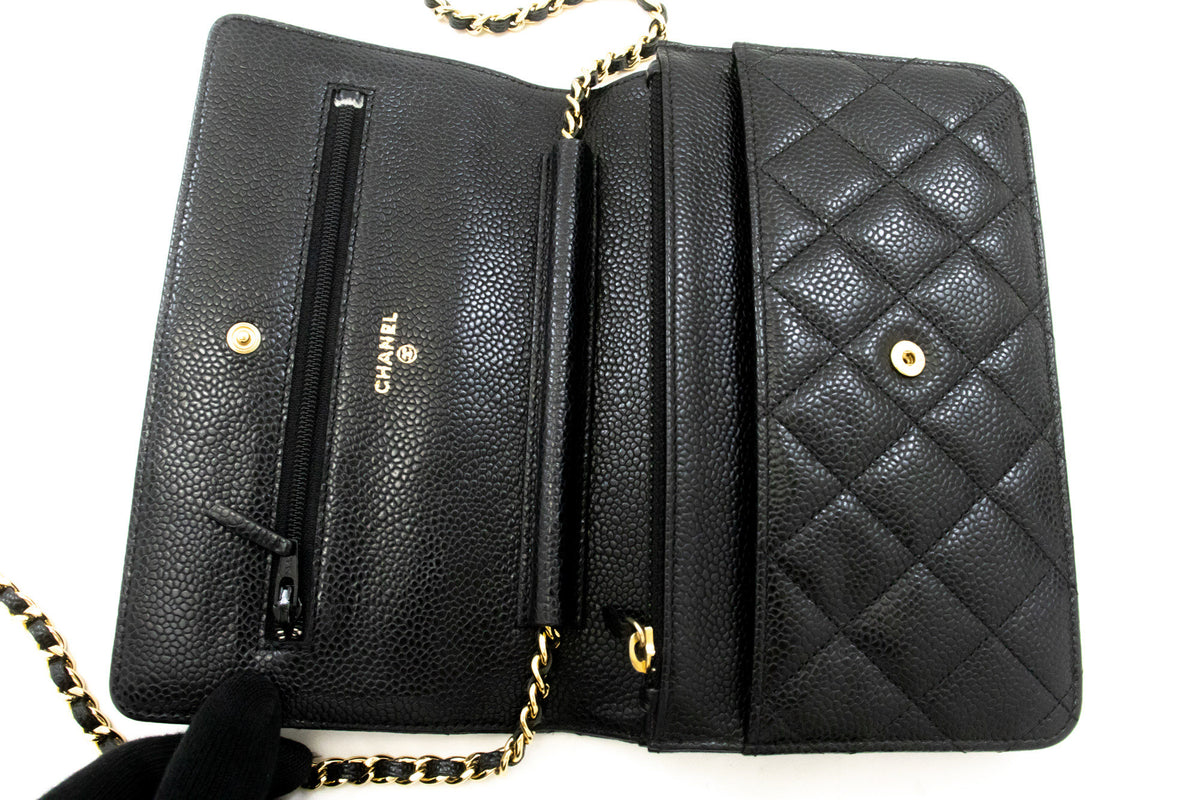 CHANEL portemonnee van generfd kalfsleer aan ketting WOC zwarte schoudertas ap1 hannari-shop