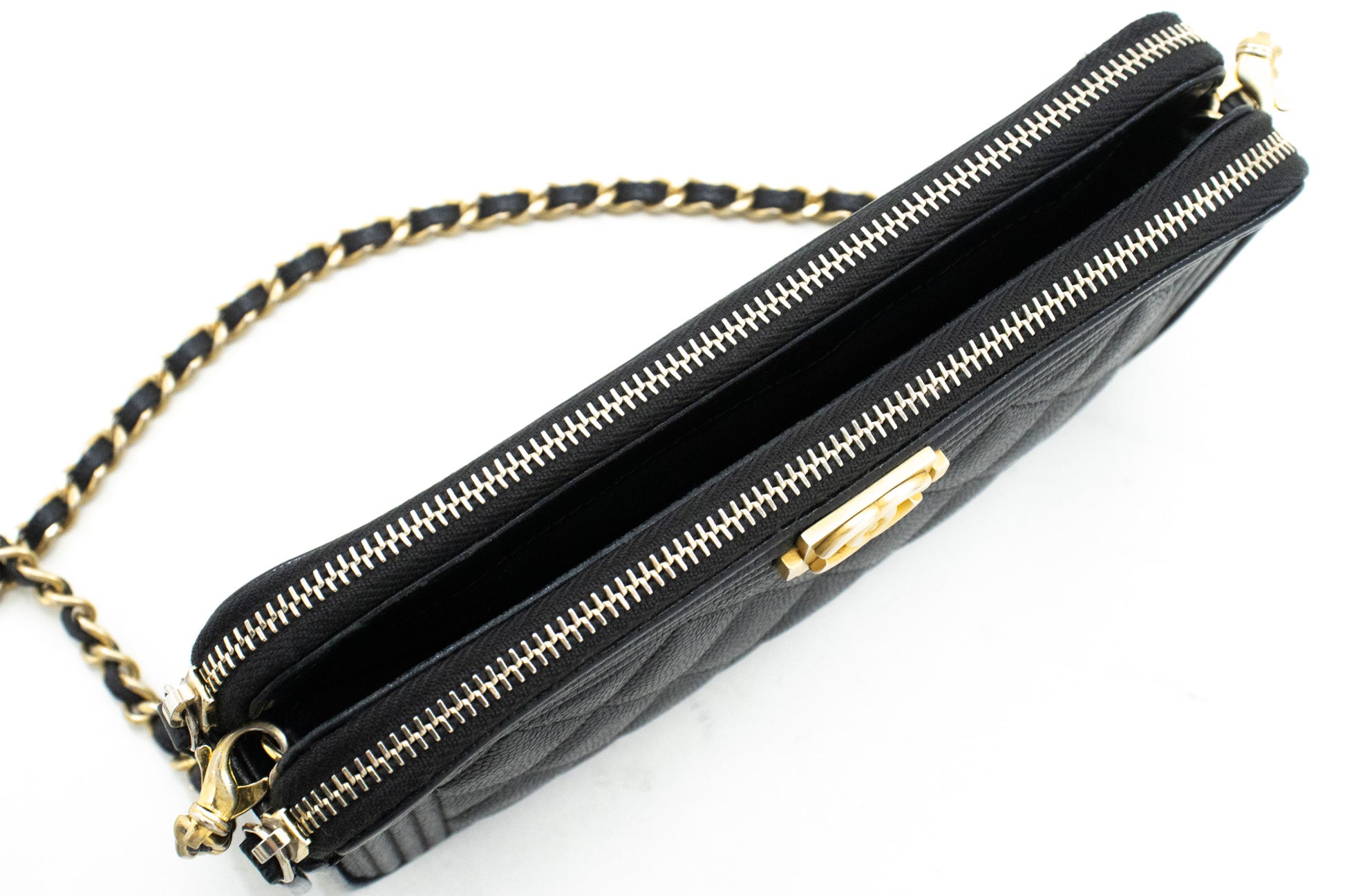 CHANEL Boy Zwarte Caviar Portemonnee Aan Ketting WOC Dubbele Ritssluiting Schoudertas n35 hannari-shop