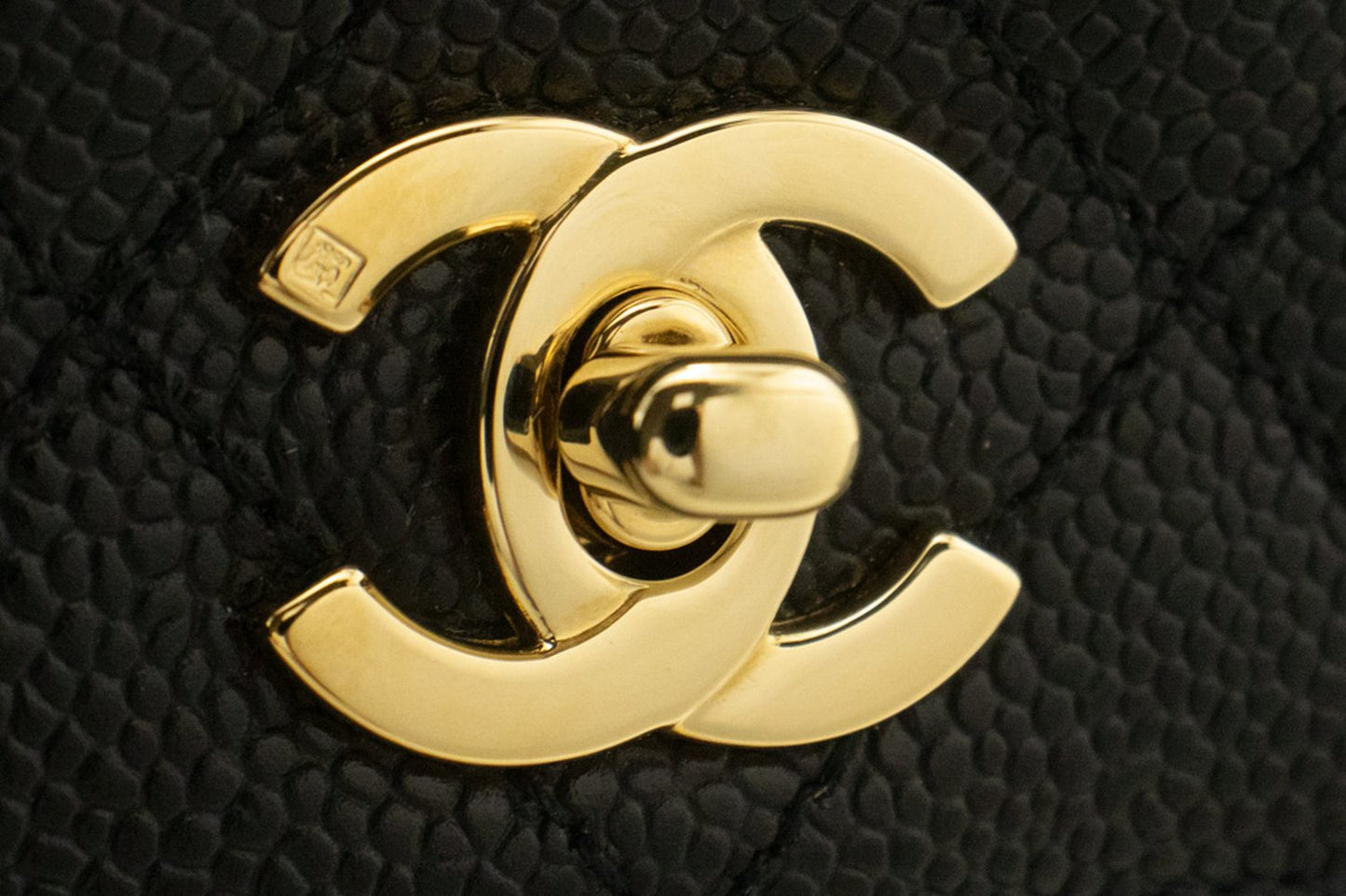CHANEL Caviar Handtas Top Handle Tas Kelly Zwart Flap Leer Goud n63 hannari-shop