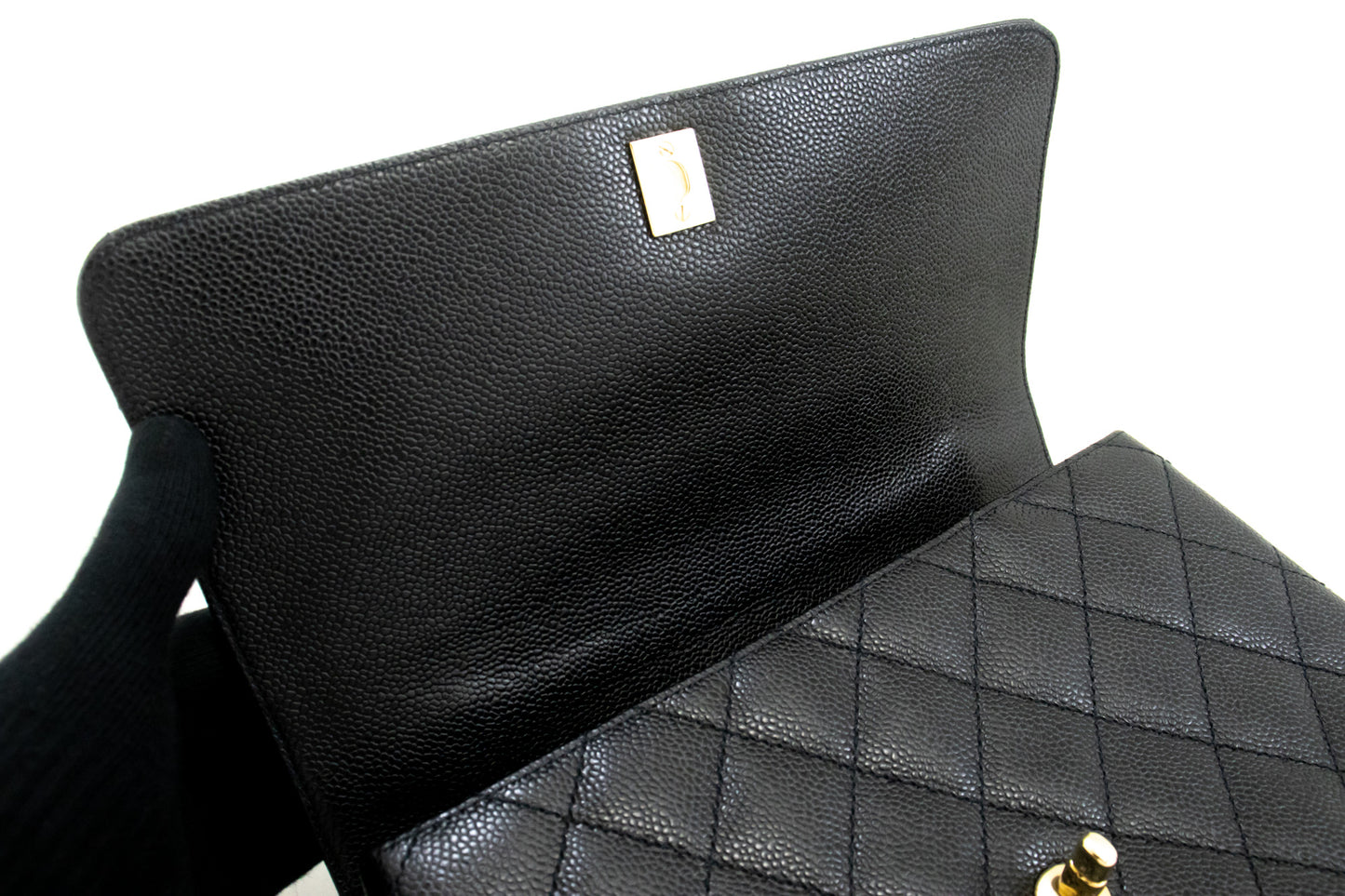 CHANEL Caviar Handtas Top Handle Tas Kelly Zwart Flap Leer Goud n63 hannari-shop