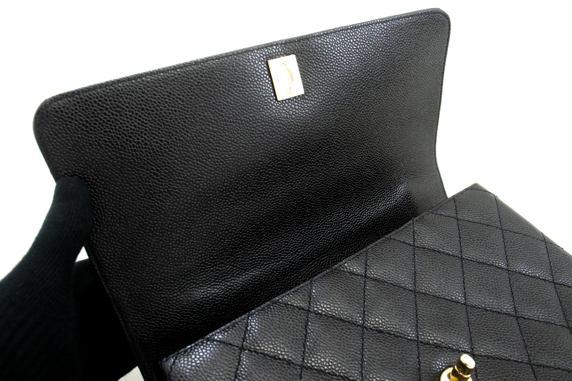 CHANEL Caviar Handtas Top Handle Tas Kelly Zwart Flap Leer Goud n63 hannari-shop