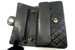 CHANEL Classic Double Flap 10" Chain Shoulder Bag Black Lambskin p82 hannari-shop