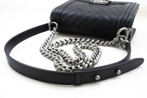CHANEL Small Boy Chain Shoulder Bag Black Quilted Flap Calfskin p93 hannari-shop