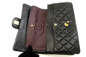 CHANEL Classic Double Flap 10" Chain Shoulder Bag Black Lambskin p81 hannari-shop