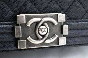 CHANEL Boy Grained Calfskin Chain Shoulder Bag Black Quilted Flap p96 hannari-shop