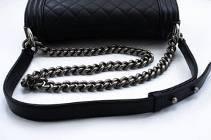CHANEL Boy Grained Calfskin Chain Shoulder Bag Black Quilted Flap p96 hannari-shop