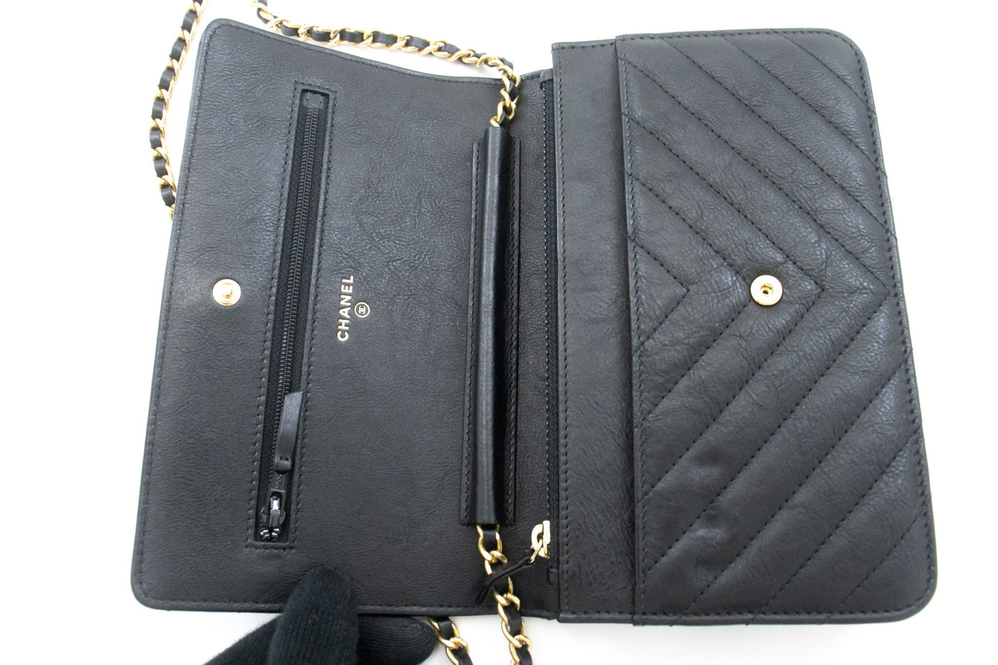 CHANEL V-Stitch Portemonnee Op Ketting WOC Ketting Schoudertas ab2 hannari-shop