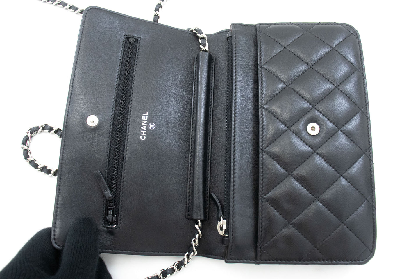 CHANEL Zwarte Classic Wallet On Chain WOC Schoudertas Lamsleer ab8 hannari-shop