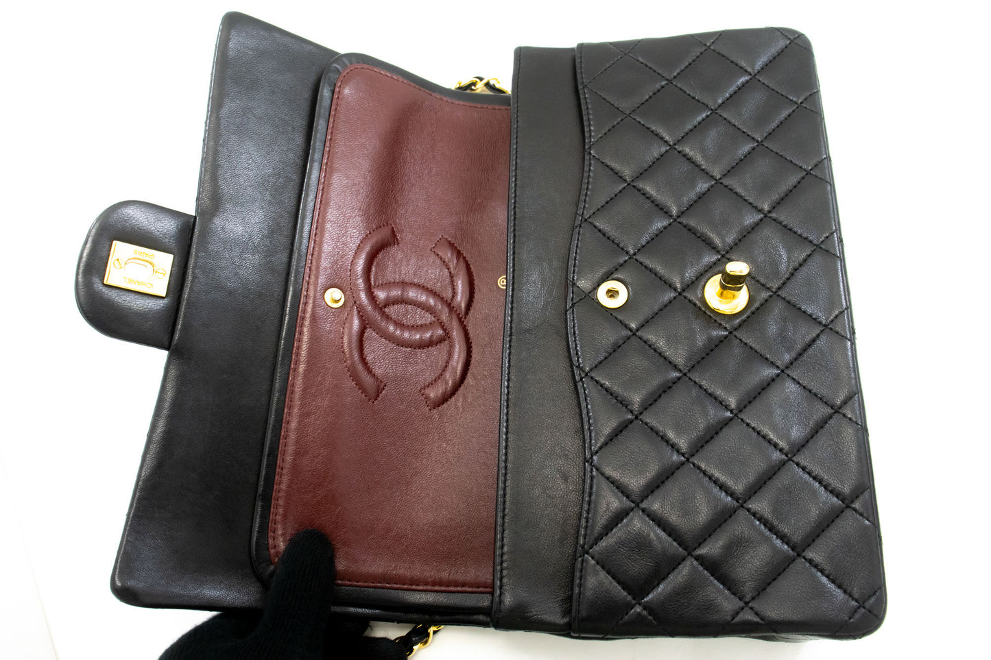 CHANEL Classic Double Flap 10" Chain Schoudertas Zwart Lamsleer ad8 hannari-shop