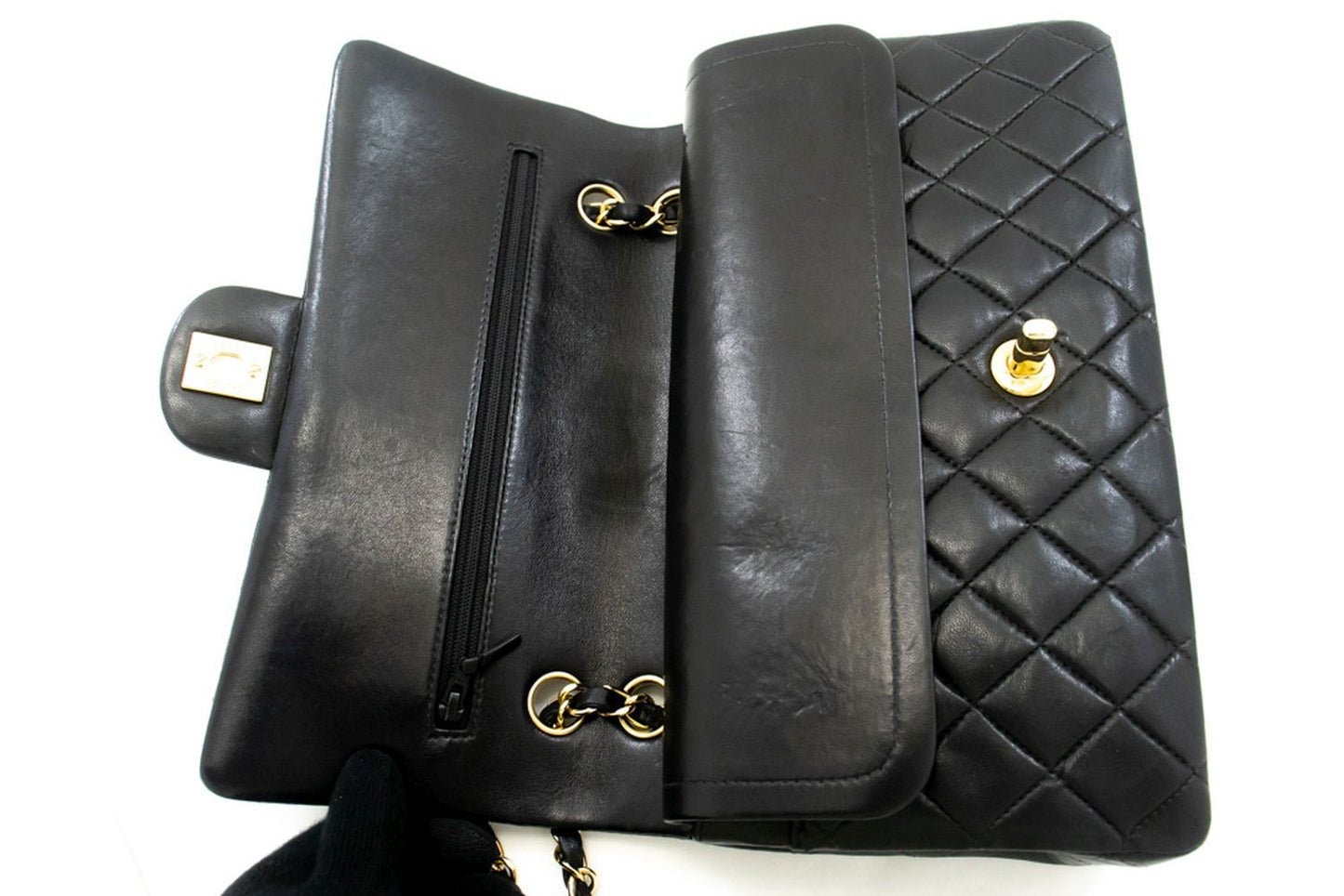 CHANEL Classic Double Flap 10" Chain Schoudertas Zwart Lamsleer ac9 hannari-shop
