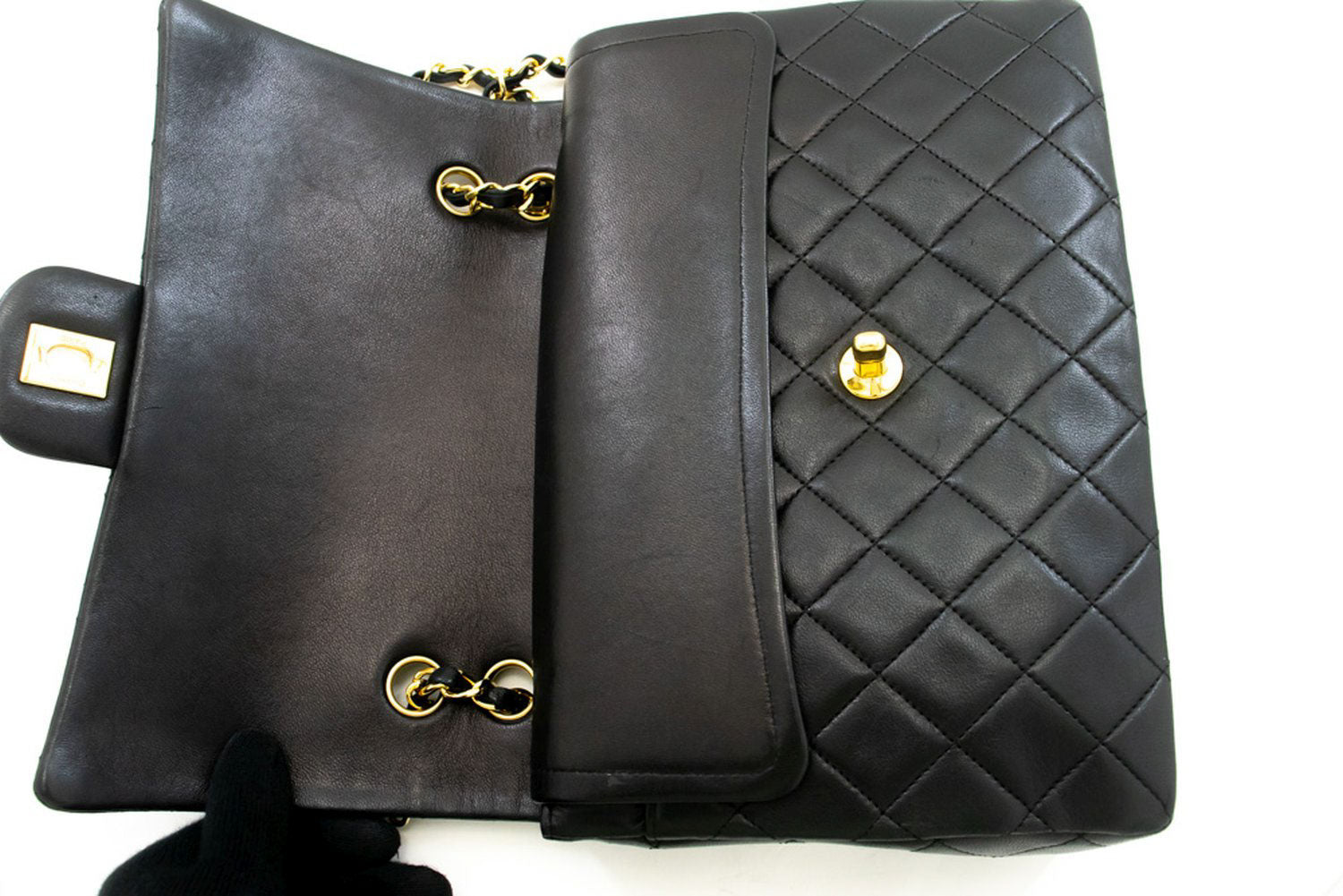 CHANEL Classic Double Flap Square Chain Shoulder Bag Black Lamb ad1 hannari-shop