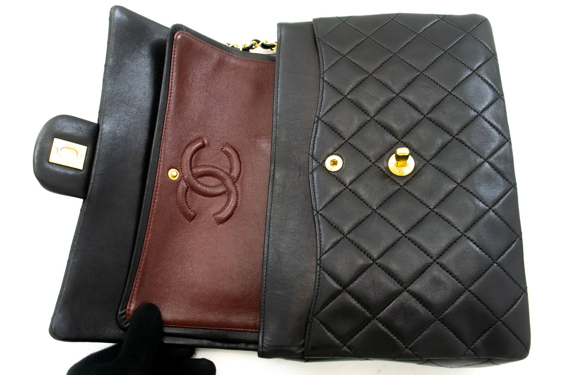 CHANEL Classic Double Flap Square Chain Shoulder Bag Black Lamb ad1 hannari-shop