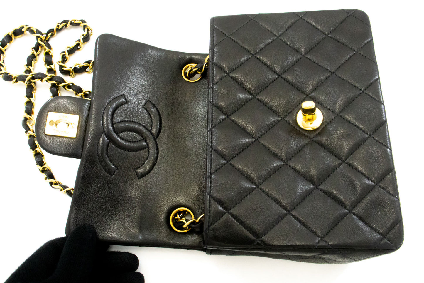 CHANEL Mini Square Small Chain Shoulder Bag Crossbody Black Lamb af1 hannari-shop