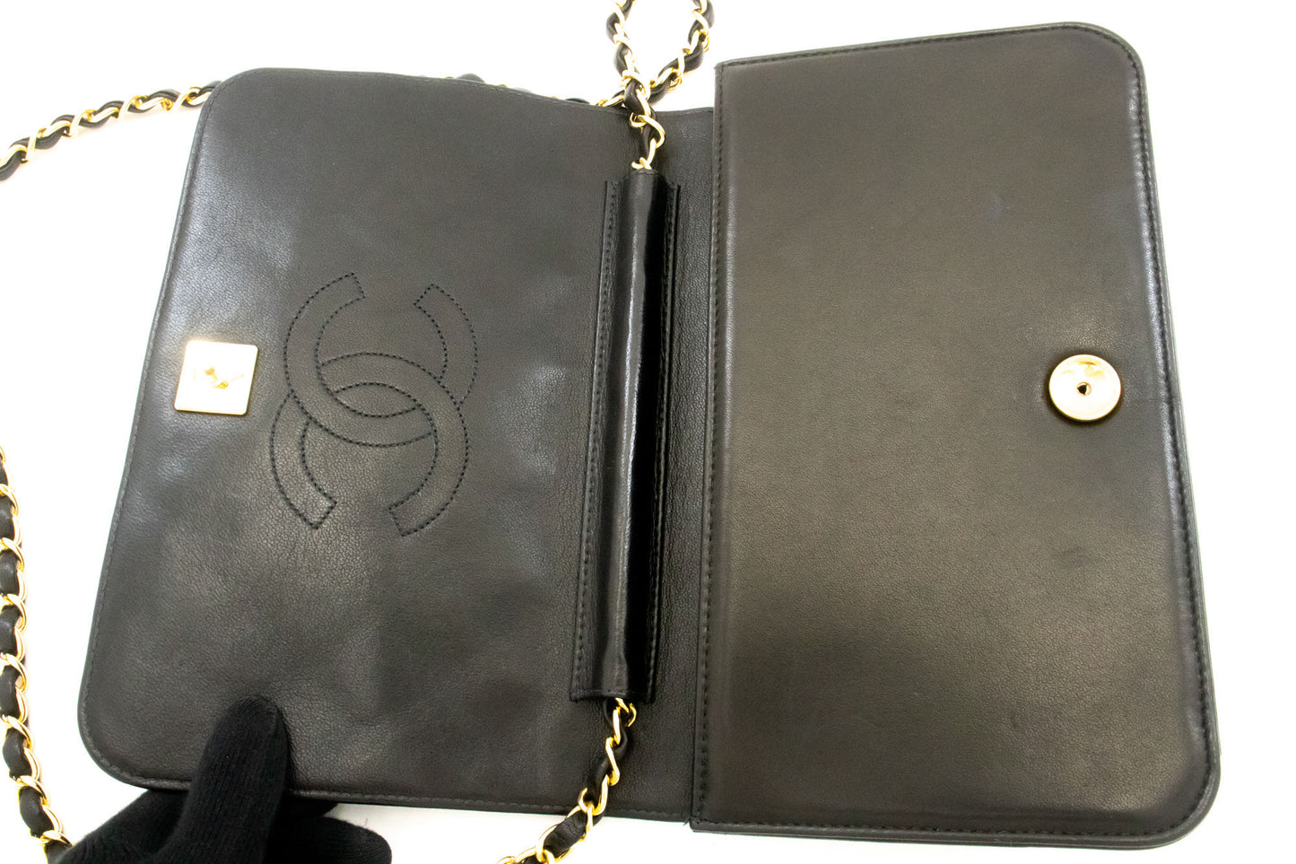 CHANEL Full Flap Chain Shoulder Bag Clutch Black Quilted Lambskin af4 hannari-shop