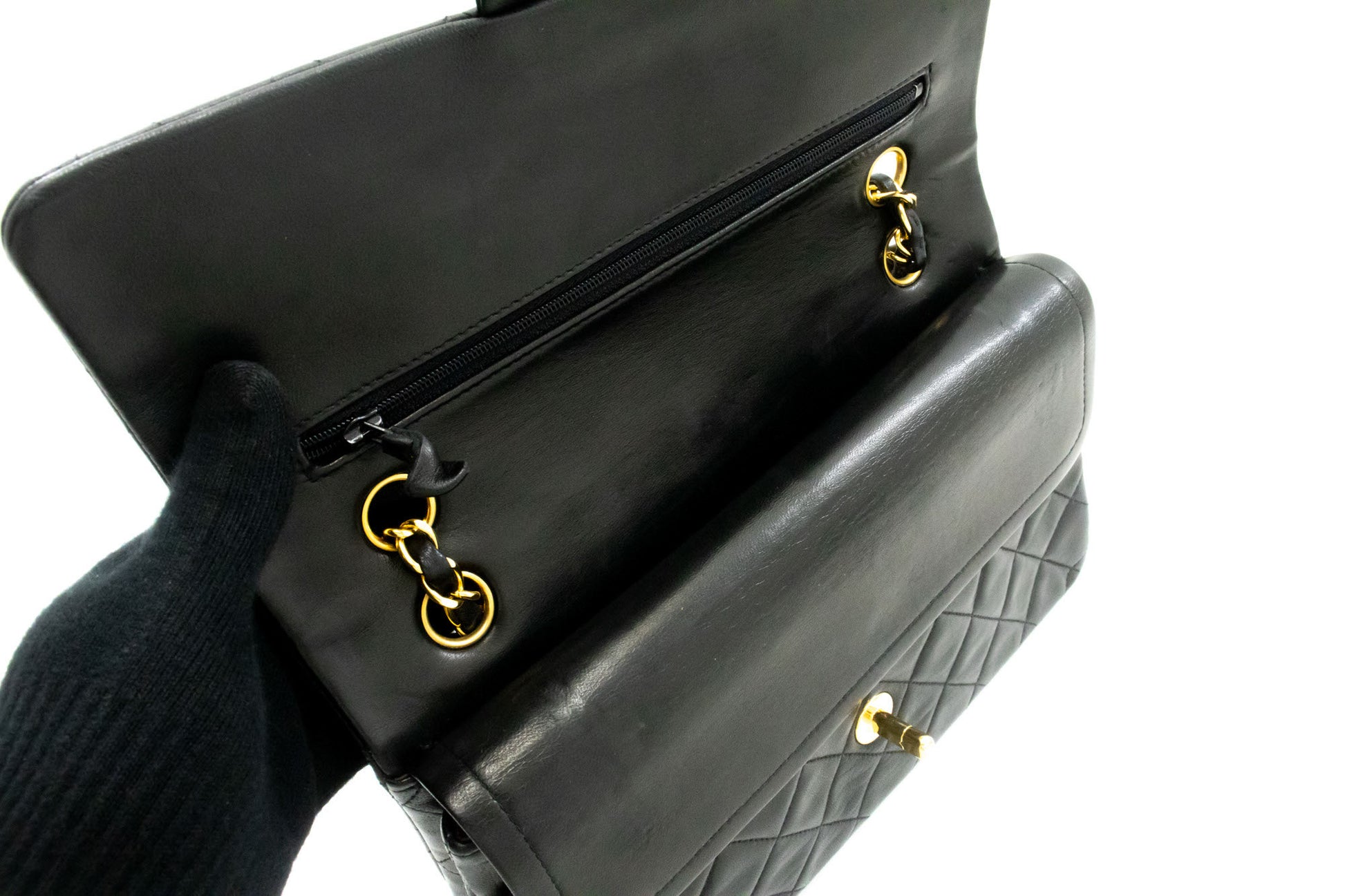 CHANEL Classic Double Flap 10" Chain Schoudertas Zwart Lamsleer ag1 hannari-shop
