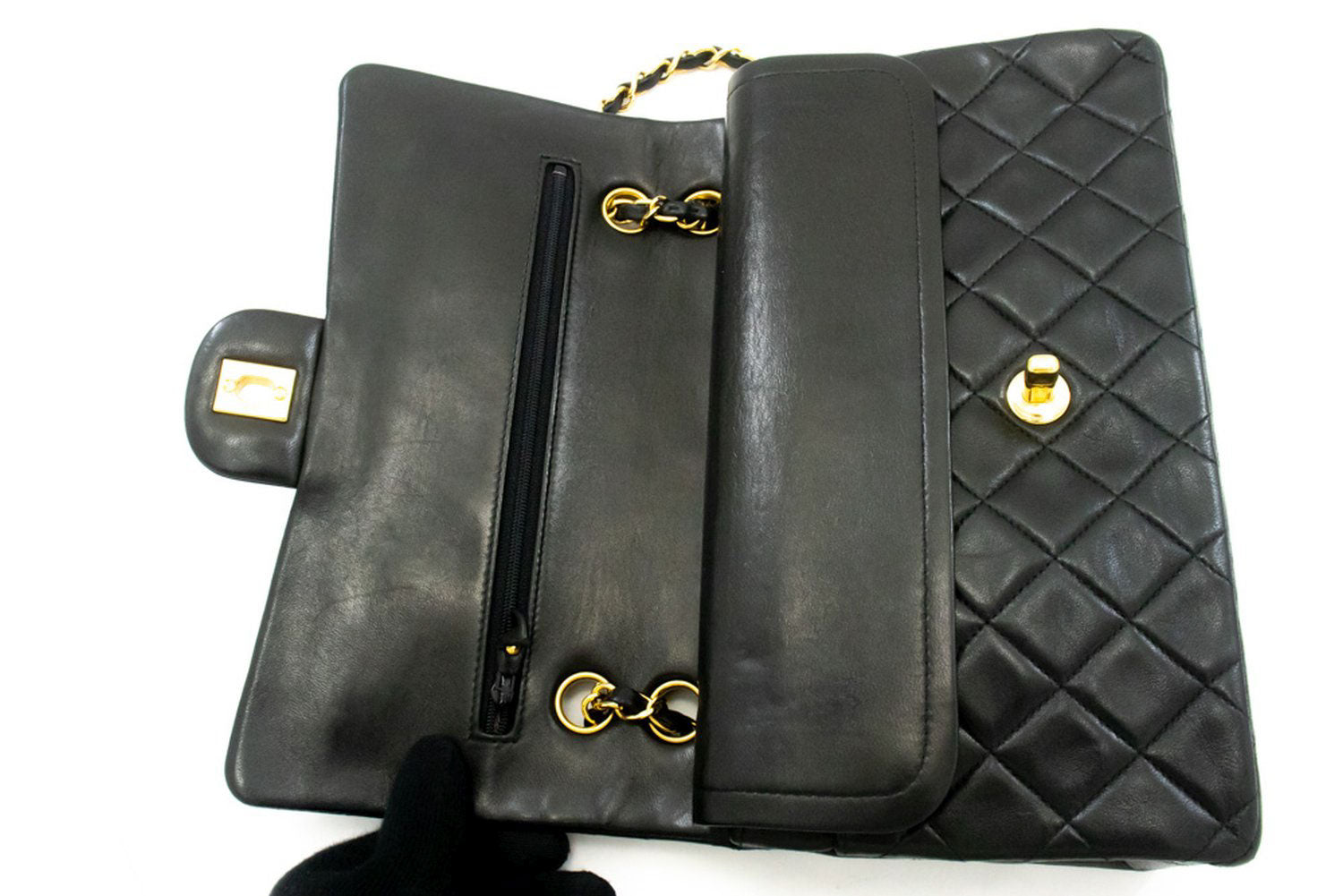 CHANEL Classic Double Flap 10" Chain Schoudertas Zwart Lamsleer ag1 hannari-shop