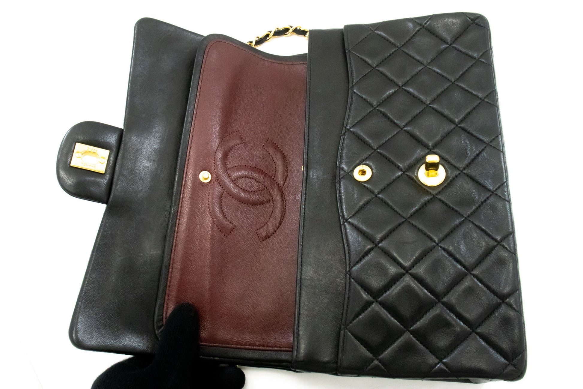 CHANEL Classic Double Flap 10" Chain Schoudertas Zwart Lamsleer ag1 hannari-shop