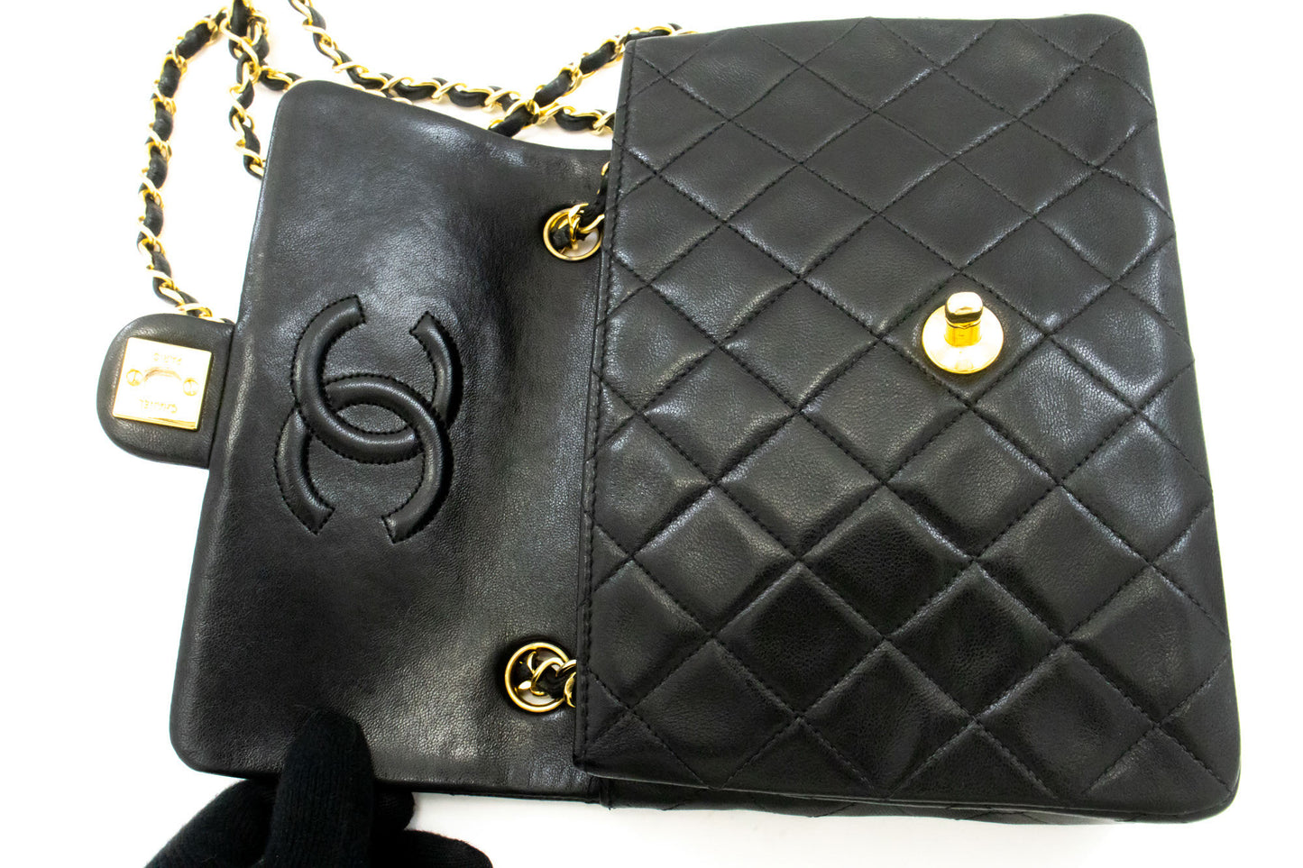 CHANEL Mini Square Small Chain Shoulder Bag Crossbody Black Lamb ag3 hannari-shop