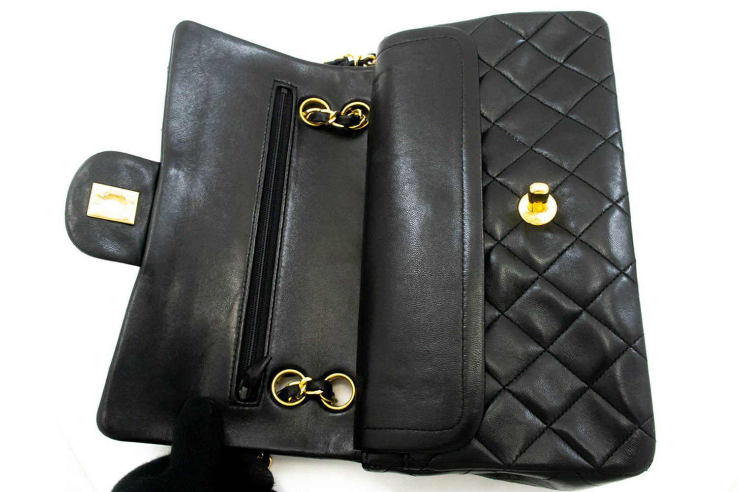 CHANEL Classic Double Flap 9" Chain Shoulder Bag Black Lambskin ag6 hannari-shop