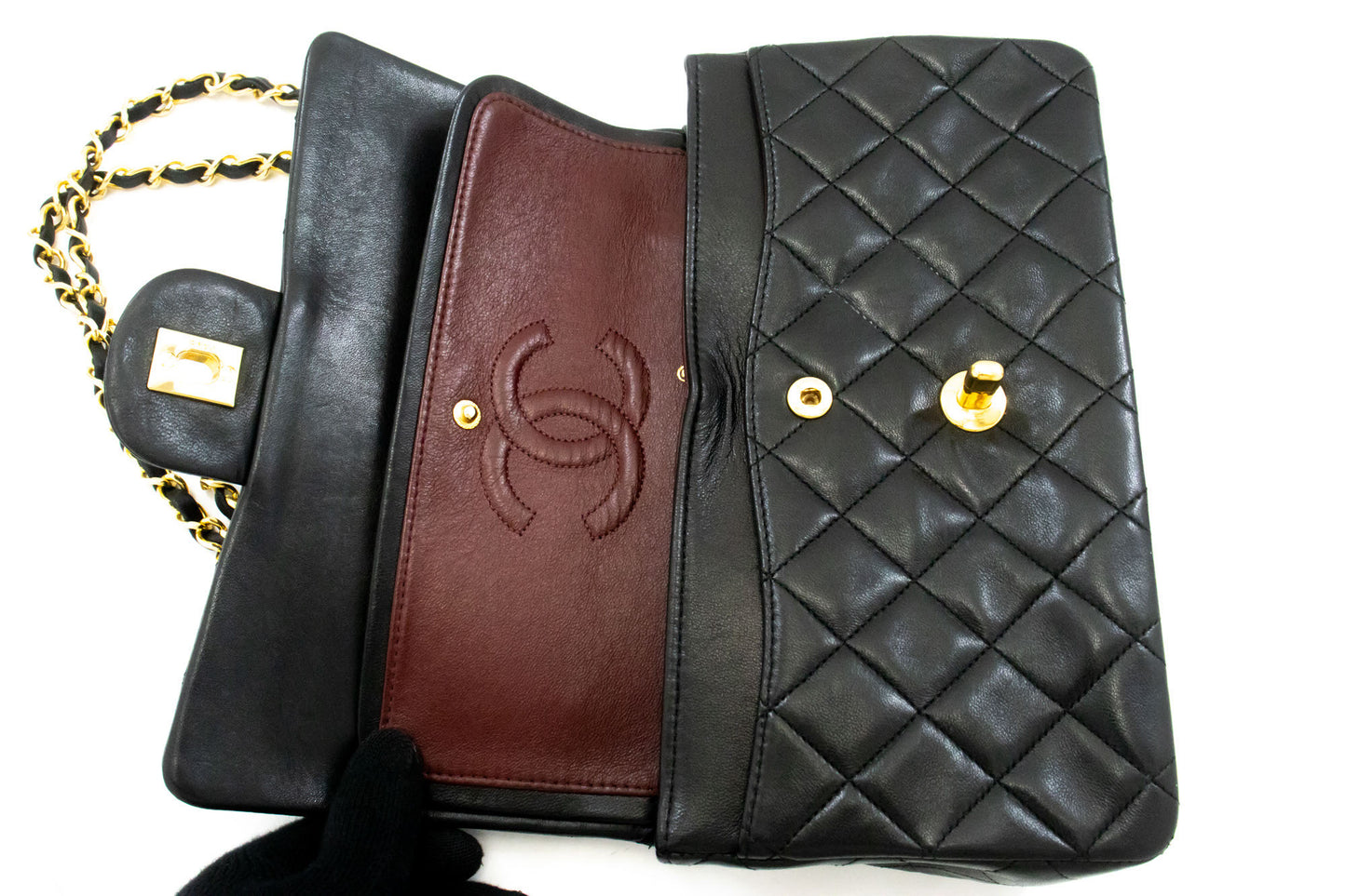 CHANEL Classic Double Flap 9" Chain Shoulder Bag Black Lambskin ag6 hannari-shop