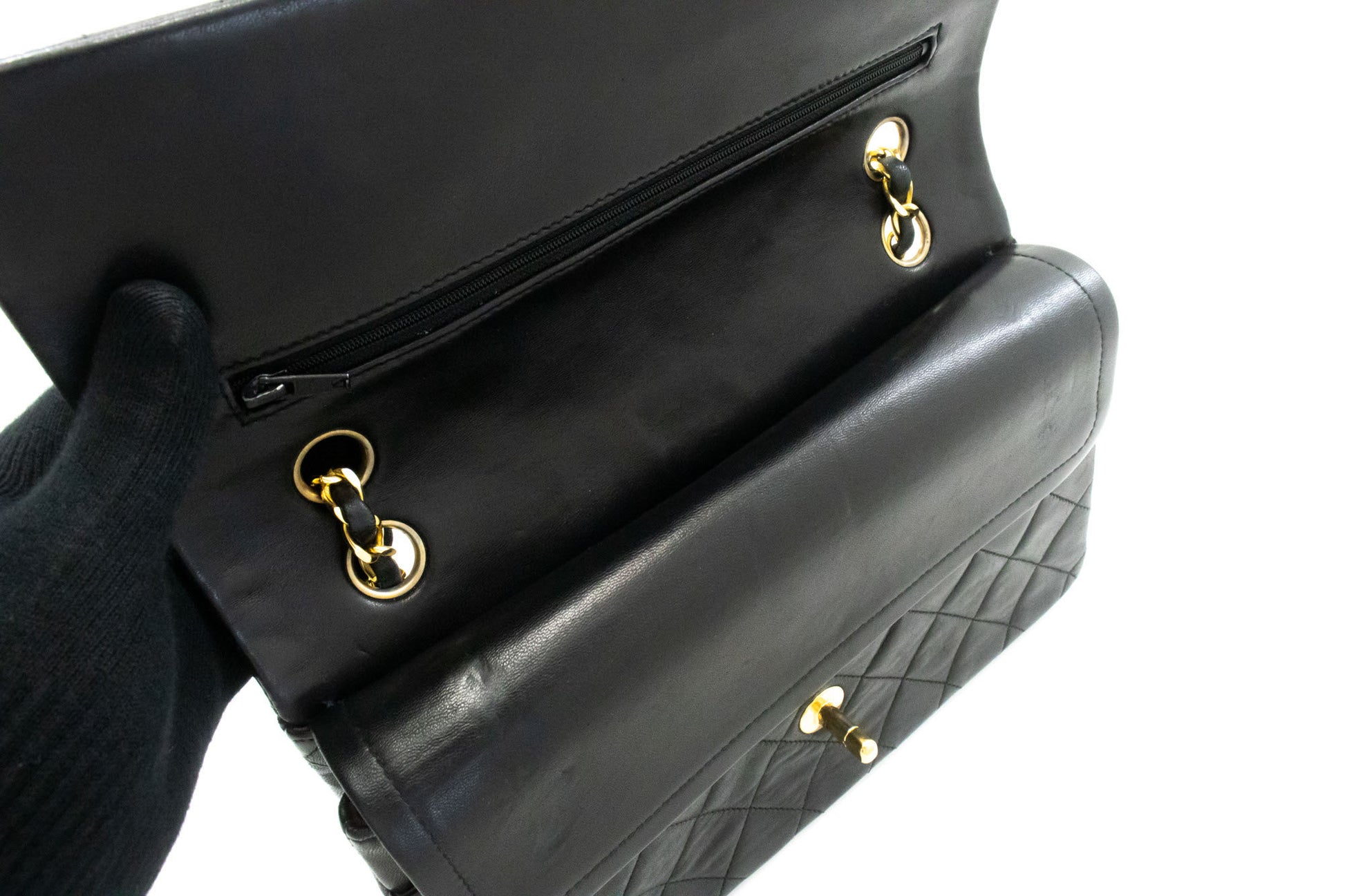 CHANEL Classic Double Flap 10" Chain Schoudertas Zwart Lamsleer ag5 hannari-shop