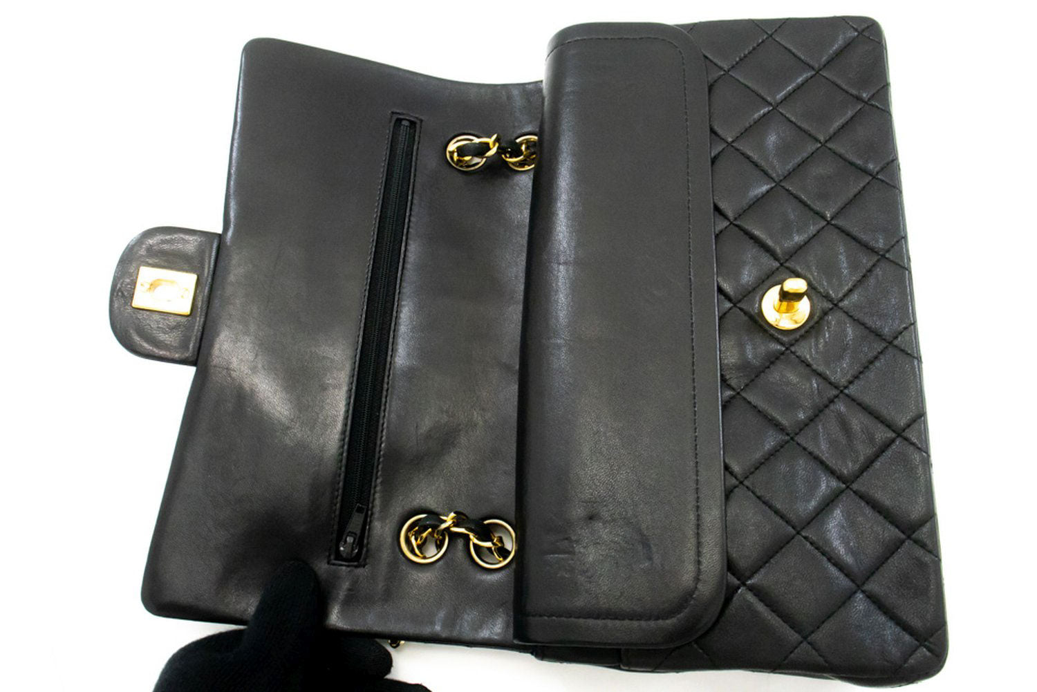 CHANEL Classic Double Flap 10" Chain Schoudertas Zwart Lamsleer ag5 hannari-shop