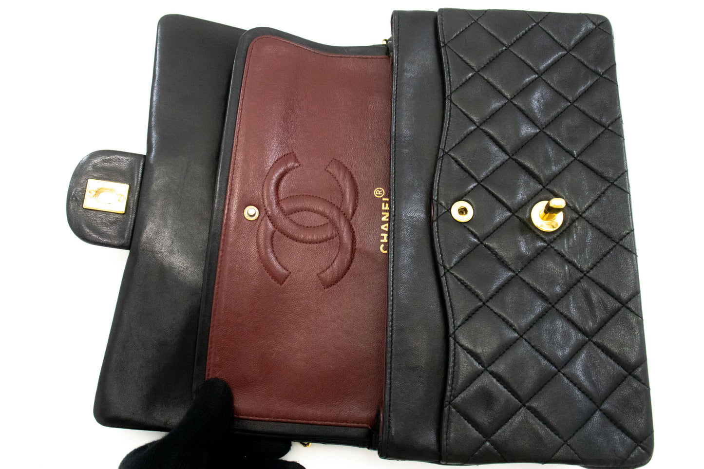 CHANEL Classic Double Flap 10" Chain Schoudertas Zwart Lamsleer ag5 hannari-shop