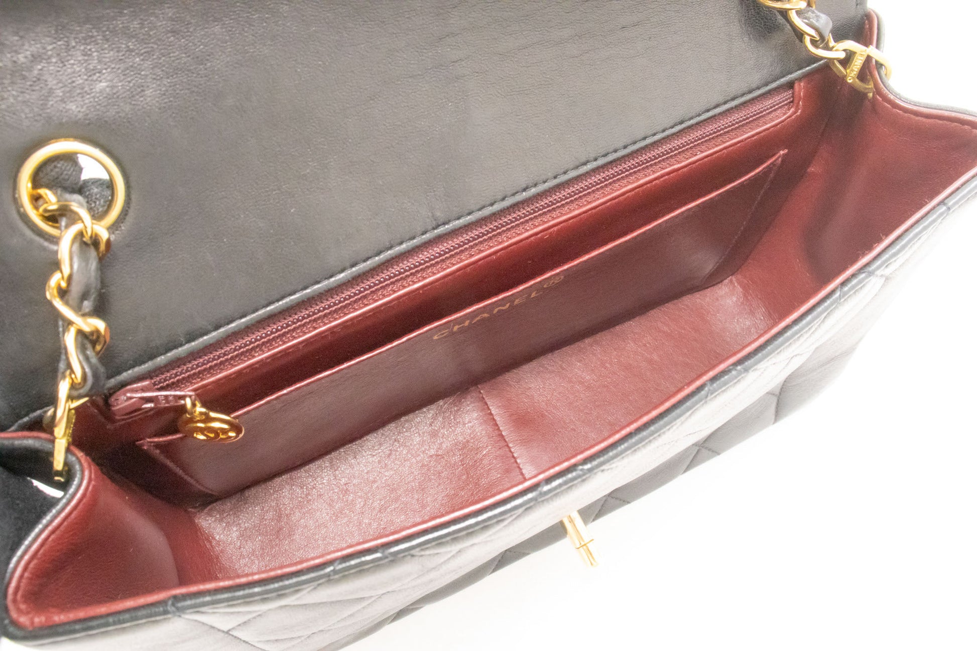 CHANEL Diana Flap Chain Schoudertas Zwart Gewatteerd Lamsleer Portemonnee ah2 hannari-shop