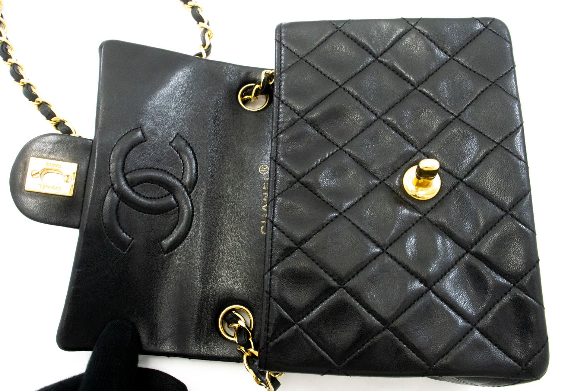 CHANEL Mini Square Small Chain Schoudertas Crossbody Zwart Lamsleer ag9 hannari-shop