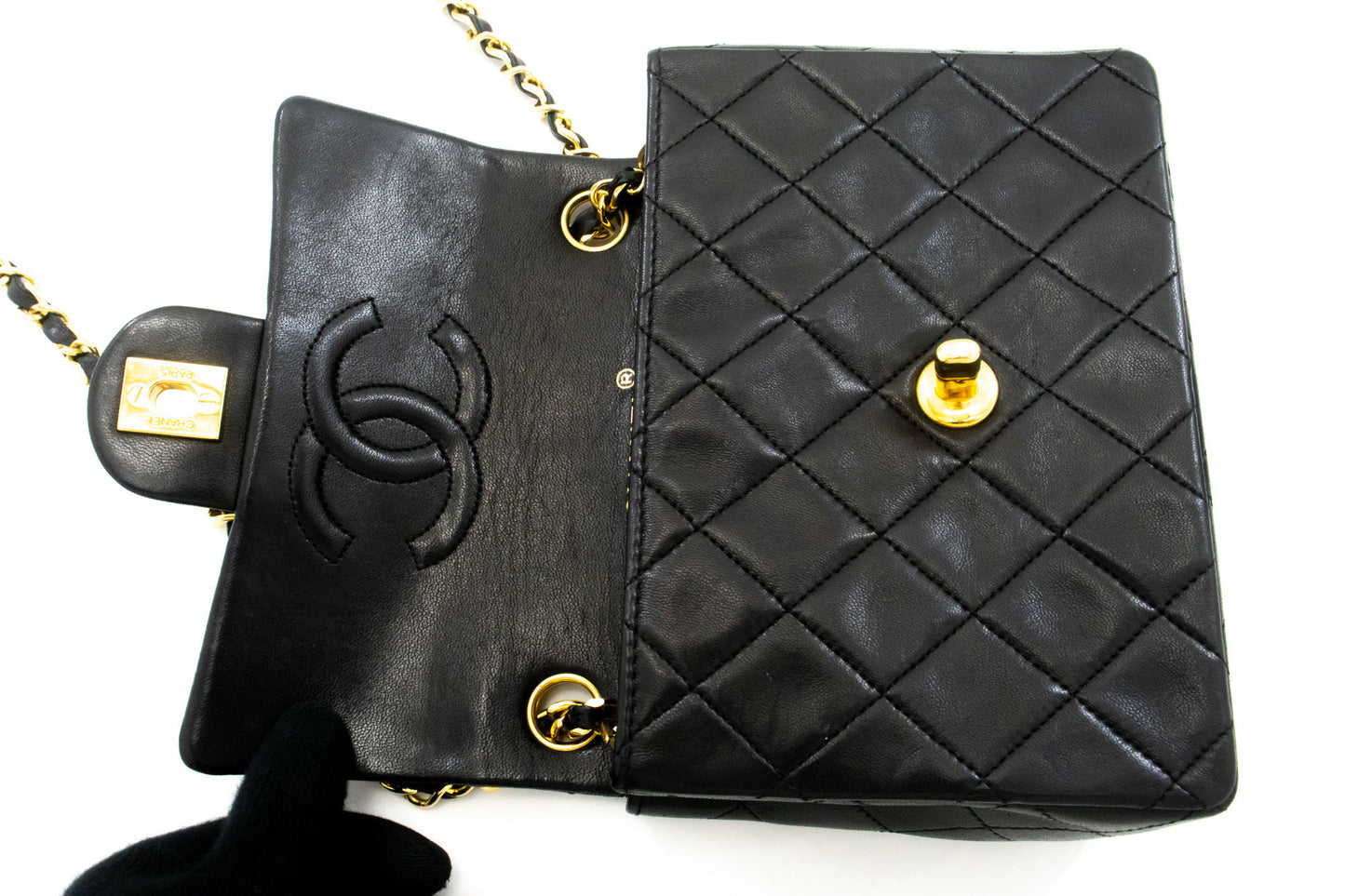 CHANEL Mini Square Kleine Chain Shoulder Bag Crossbody Zwart Lam ag7 hannari-shop