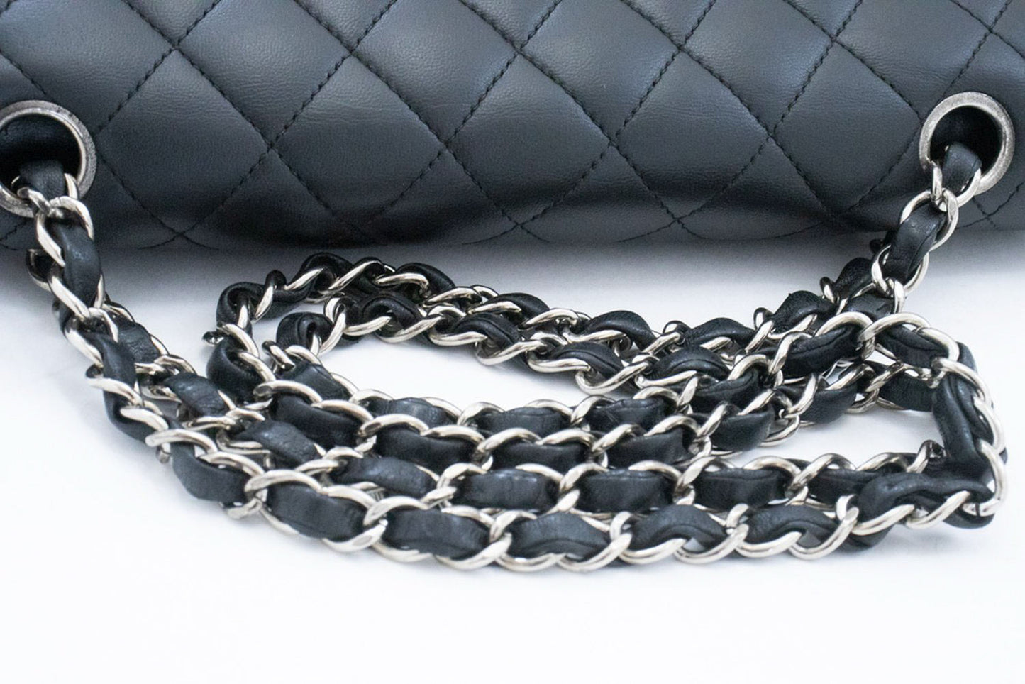 CHANEL Classic Double Flap 10" Zilveren Ketting Schoudertas Zwart ai1 hannari-shop