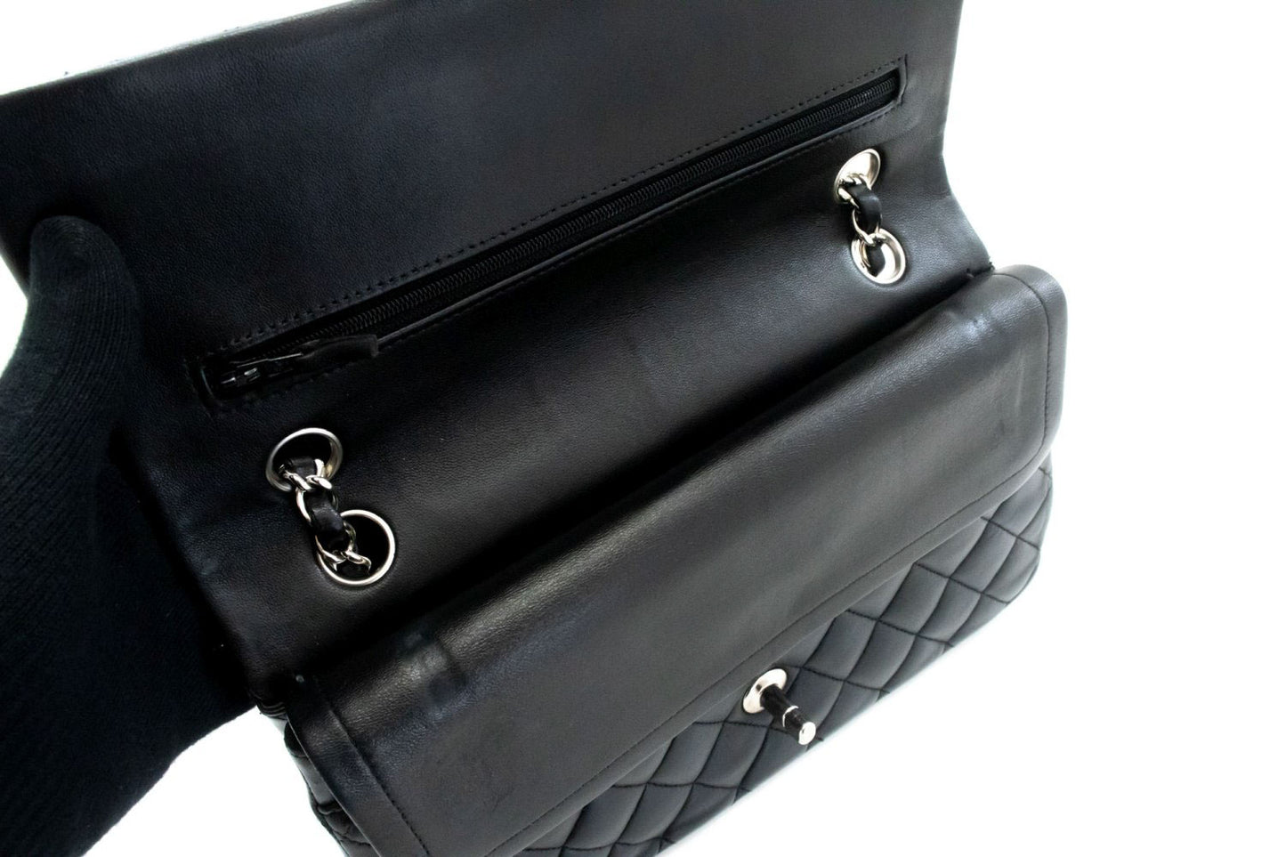 CHANEL Classic Double Flap 10" Zilveren Ketting Schoudertas Zwart ai1 hannari-shop