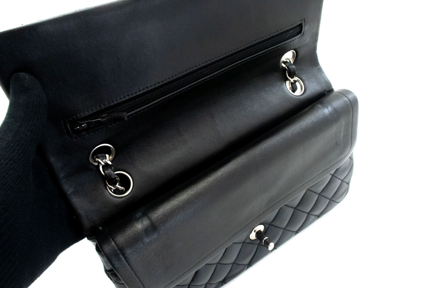 CHANEL Classic Double Flap 10" Zilveren Ketting Schoudertas Zwart ai1 hannari-shop
