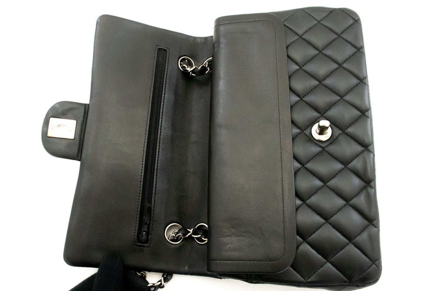 CHANEL Classic Double Flap 10" Zilveren Ketting Schoudertas Zwart ai1 hannari-shop