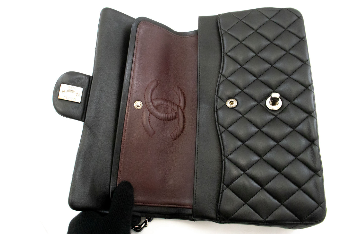 CHANEL Classic Double Flap 10" Zilveren Ketting Schoudertas Zwart ai1 hannari-shop