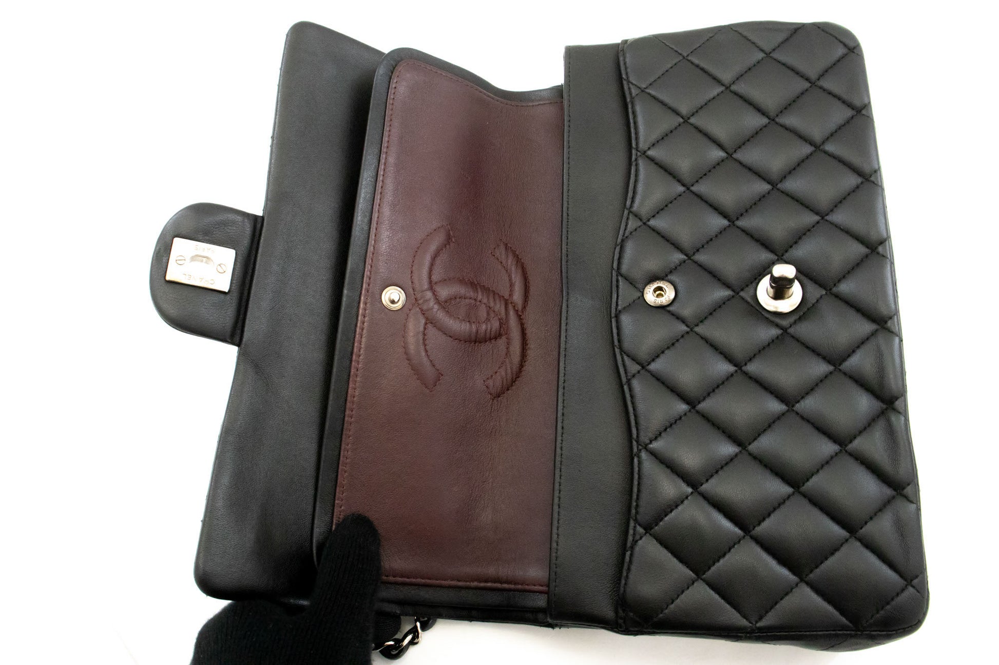 CHANEL Classic Double Flap 10" Zilveren Ketting Schoudertas Zwart ai1 hannari-shop