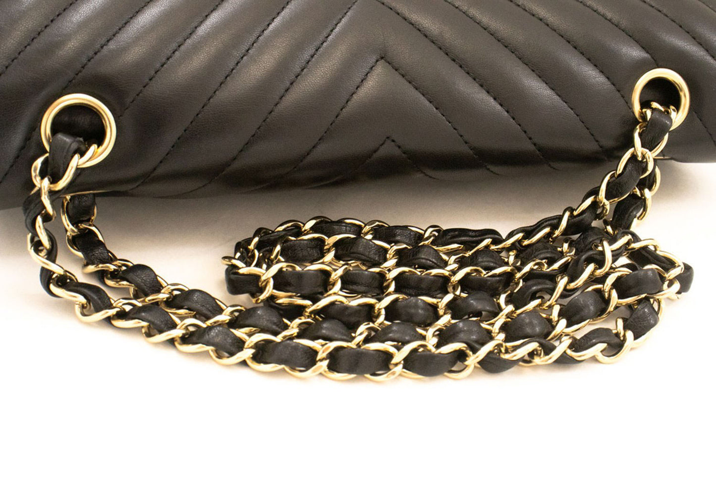 CHANEL V-Stitch Double Flap 10" Chain Shoulder Bag Black Lambskin ai5 hannari-shop