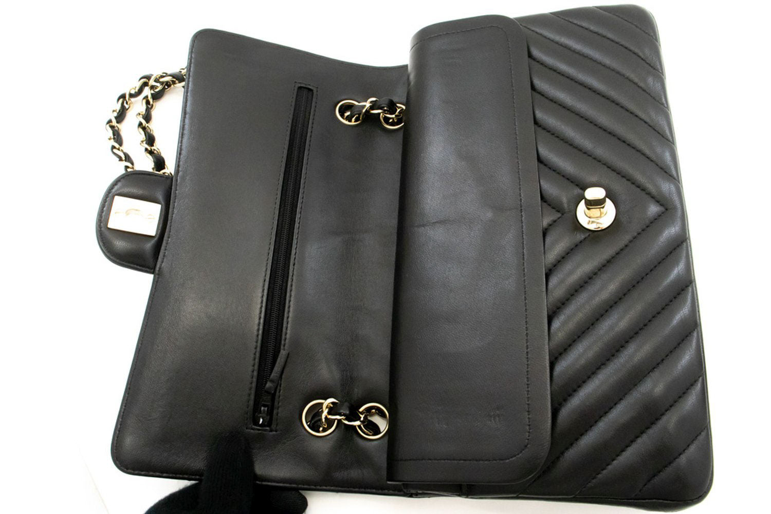 CHANEL V-Stitch Double Flap 10" Chain Shoulder Bag Black Lambskin ai5 hannari-shop