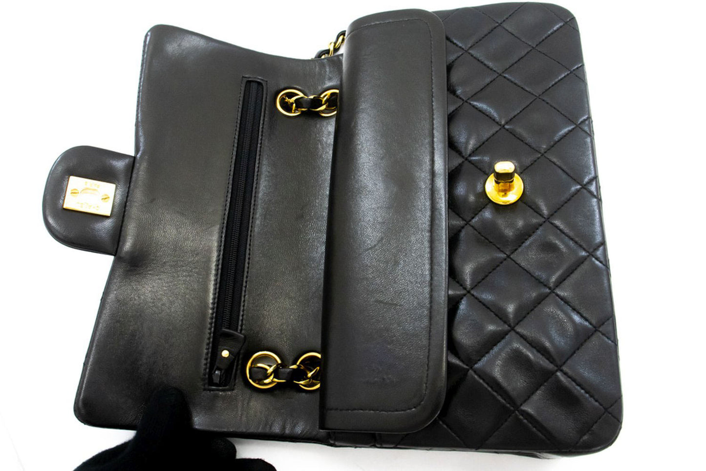 CHANEL Classic Double Flap 9" Chain Shoulder Bag Black Lambskin ai4 hannari-shop