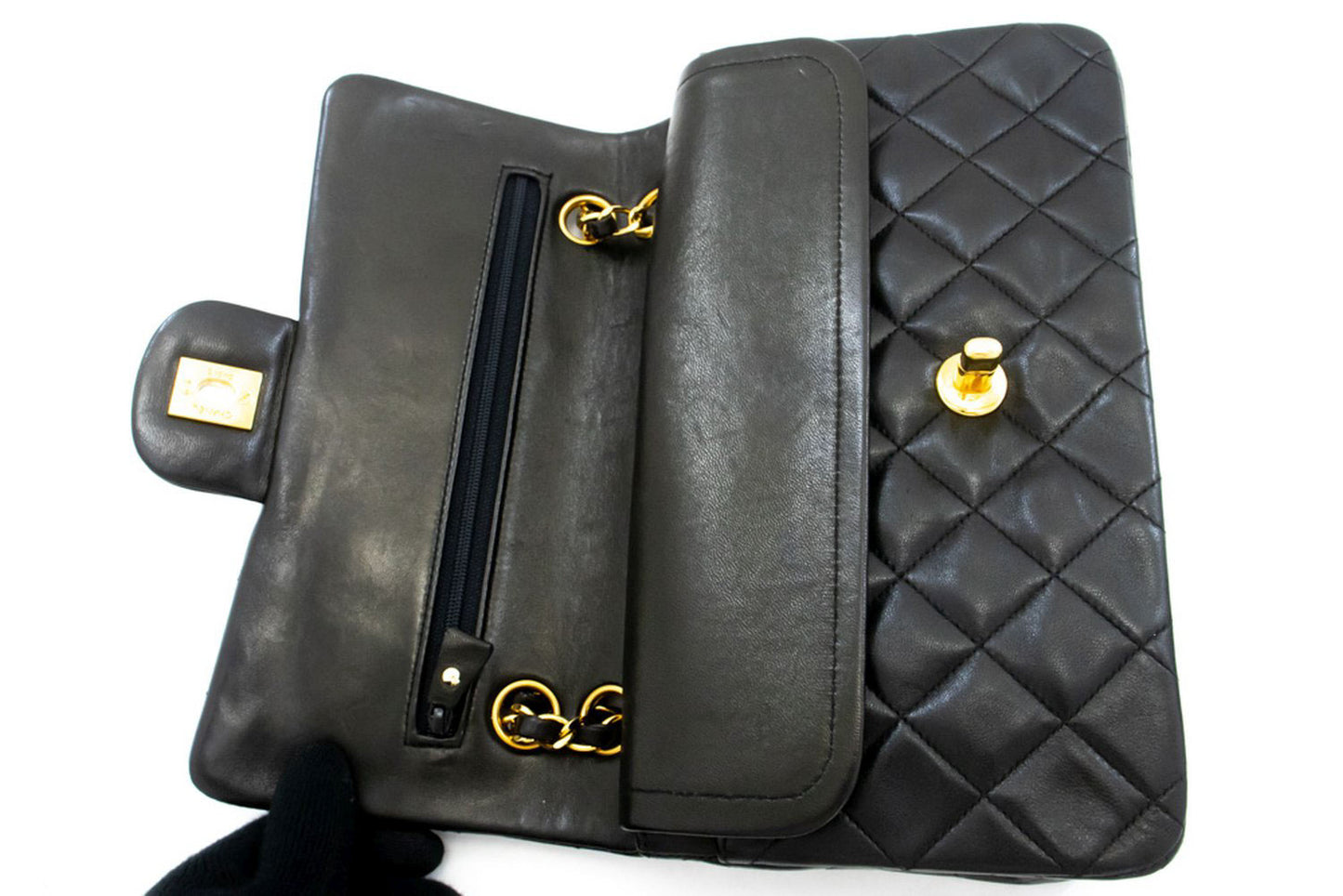 CHANEL Classic Double Flap 9" Chain Schoudertas Zwart Lamsleer ah3 hannari-shop