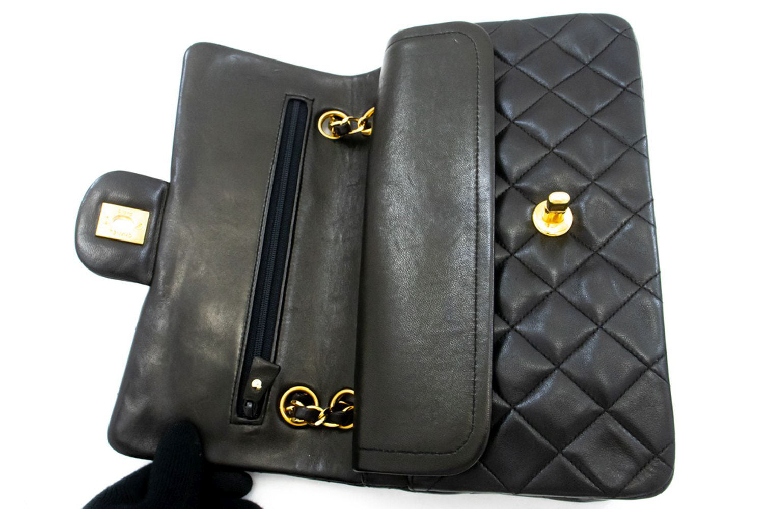 CHANEL Classic Double Flap 9" Chain Schoudertas Zwart Lamsleer ah3 hannari-shop