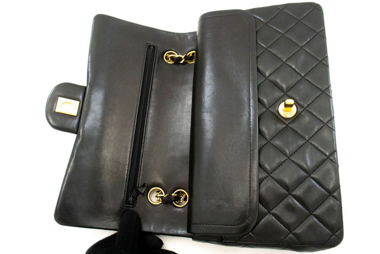 CHANEL Classic Double Flap 10" Chain Shoulder Bag Black Lambskin ah7 hannari-shop