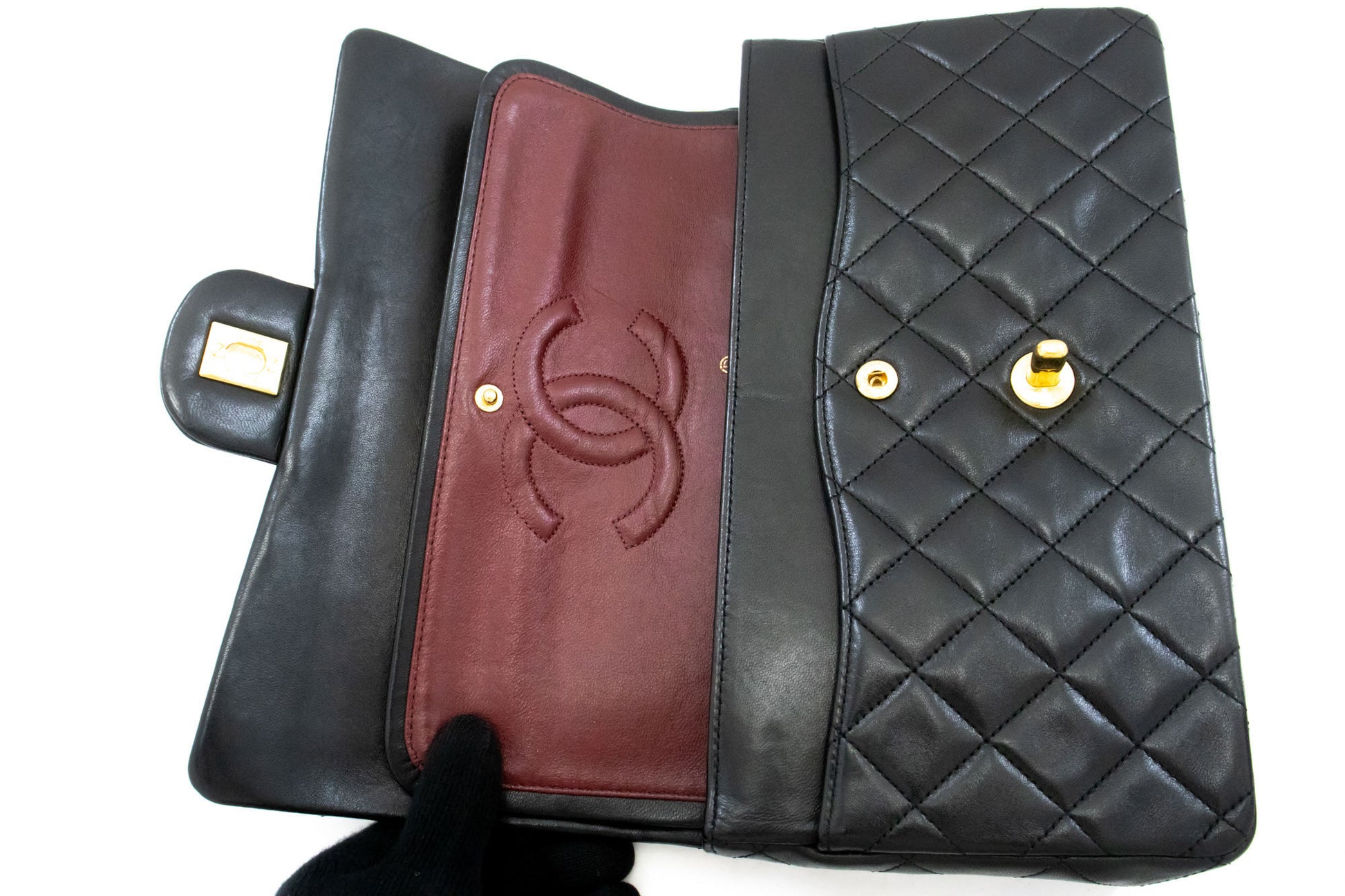 CHANEL Classic Double Flap 10" Chain Shoulder Bag Black Lambskin ah7 hannari-shop