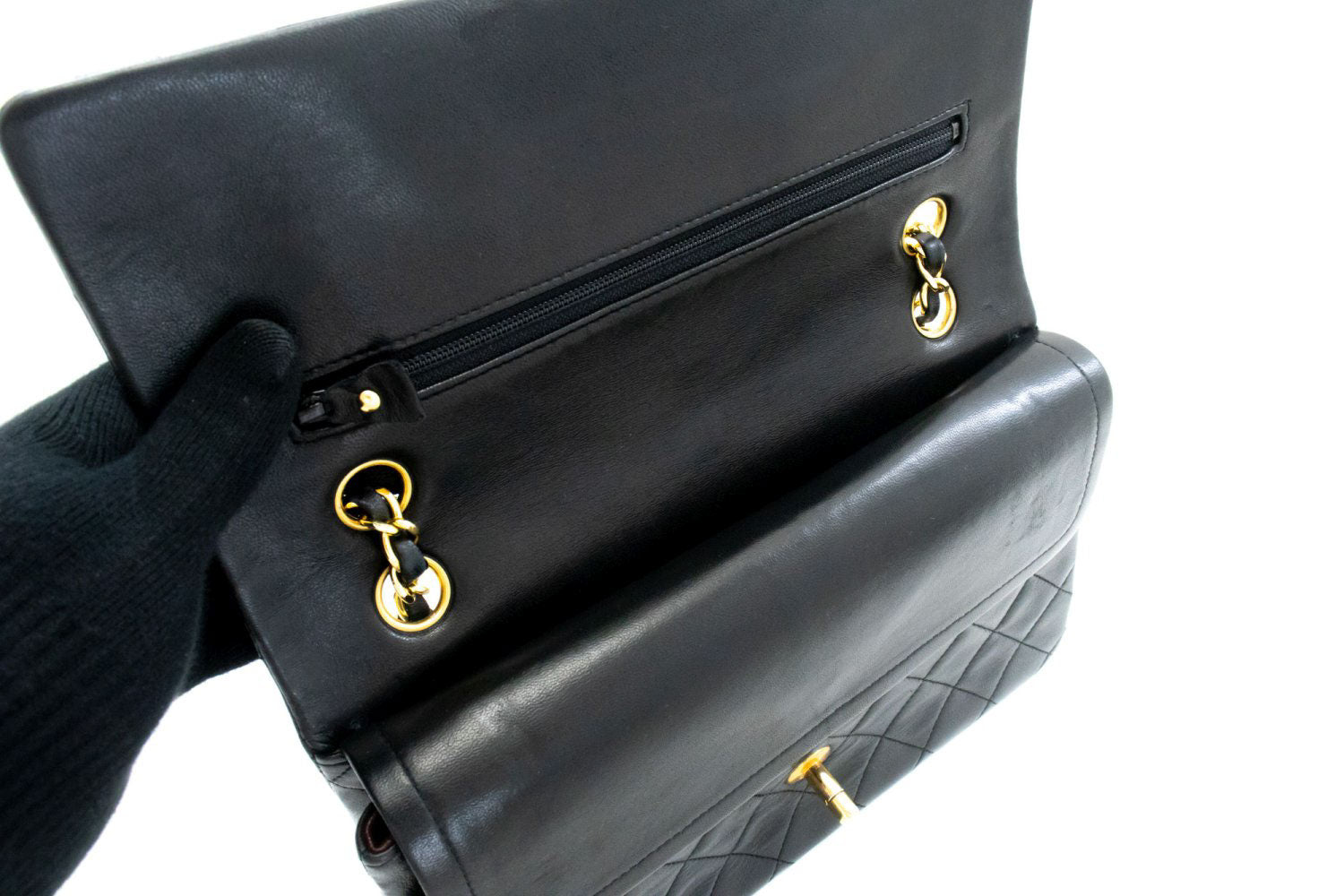 CHANEL Classic Double Flap 10" Chain Shoulder Bag Black Lambskin aj9 hannari-shop