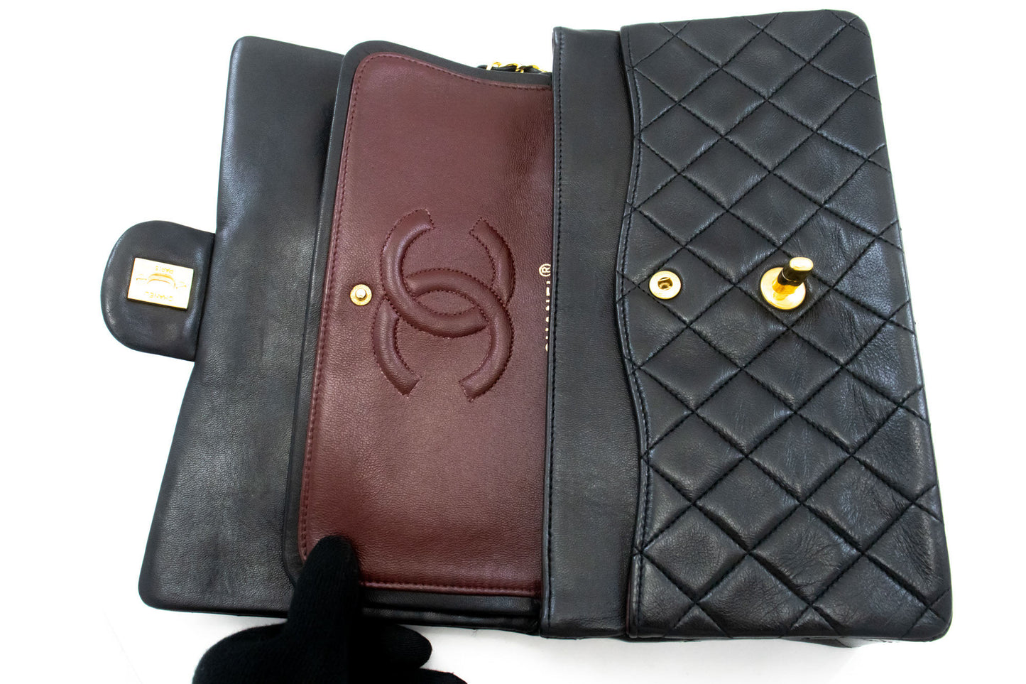 CHANEL Classic Double Flap 10" Chain Shoulder Bag Black Lambskin aj9 hannari-shop