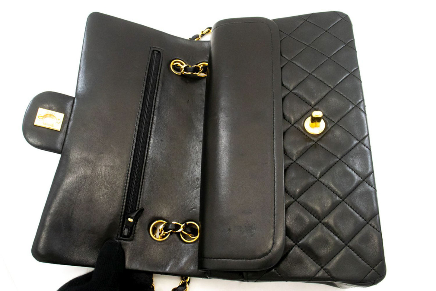 CHANEL Classic Double Flap 10" Chain Schoudertas Zwart Lamssuède ak3 hannari-shop