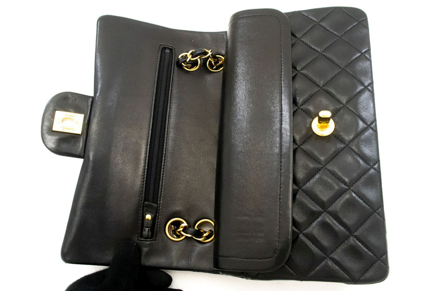 CHANEL Classic Double Flap 9" Chain Schoudertas Zwart Lamsleer aj4 hannari-shop